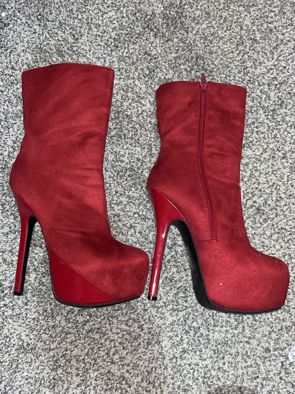 Red Suede-Look Platform Ankle Boots with High Stiletto Heel